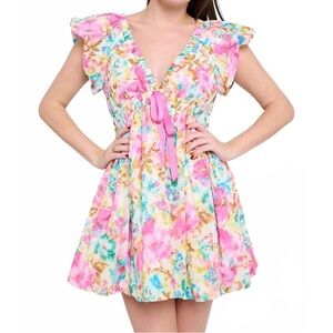 MEET ME IN SANTORINI flutter sleeve dress in aegean garden Small